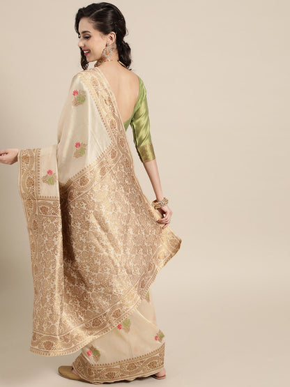 Women's Silk Blend Cream Woven Design Celebrity Saree With Blouse Piece