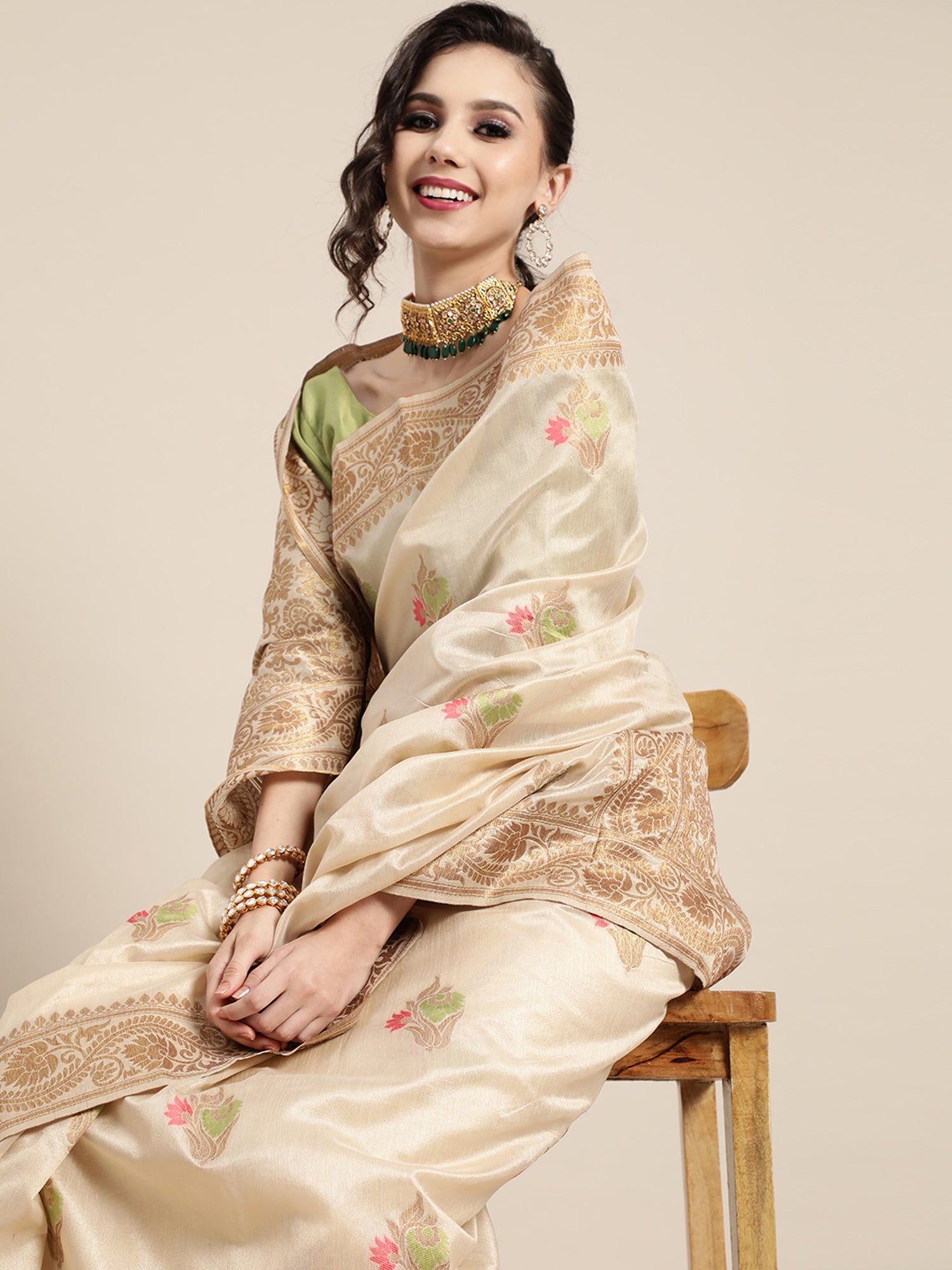 Women's Silk Blend Cream Woven Design Celebrity Saree With Blouse Piece