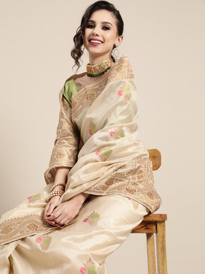 Women's Silk Blend Cream Woven Design Celebrity Saree With Blouse Piece
