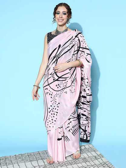 Women's Crepe Pink Digital Print Designer Saree With Blouse Piece