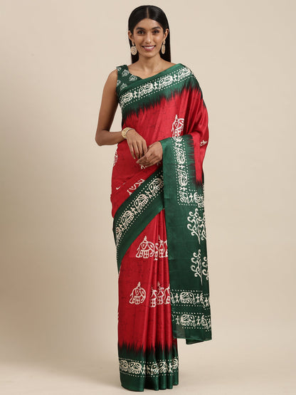 Women's Manipuri Silk Red Printed Celebrity Saree With Blouse Piece