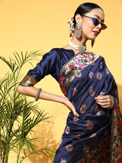 Women's Silk Blend Navy Blue Woven Design Celebrity Saree With Blouse Piece