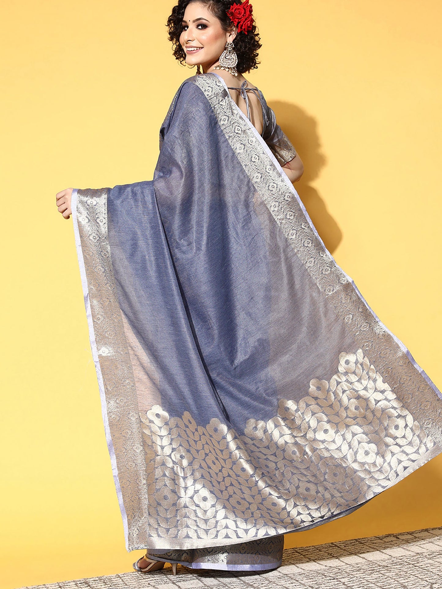 Women's Linen Blend Blue Woven Design Celebrity Saree With Blouse Piece