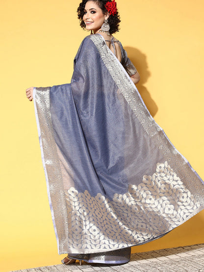 Women's Linen Blend Blue Woven Design Celebrity Saree With Blouse Piece