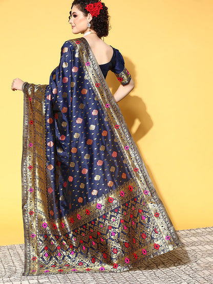 Women's Silk Blend Navy Blue Woven Design Celebrity Saree With Blouse Piece