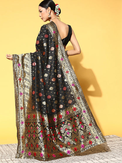Women's Silk Blend Black Woven Design Celebrity Saree With Blouse Piece