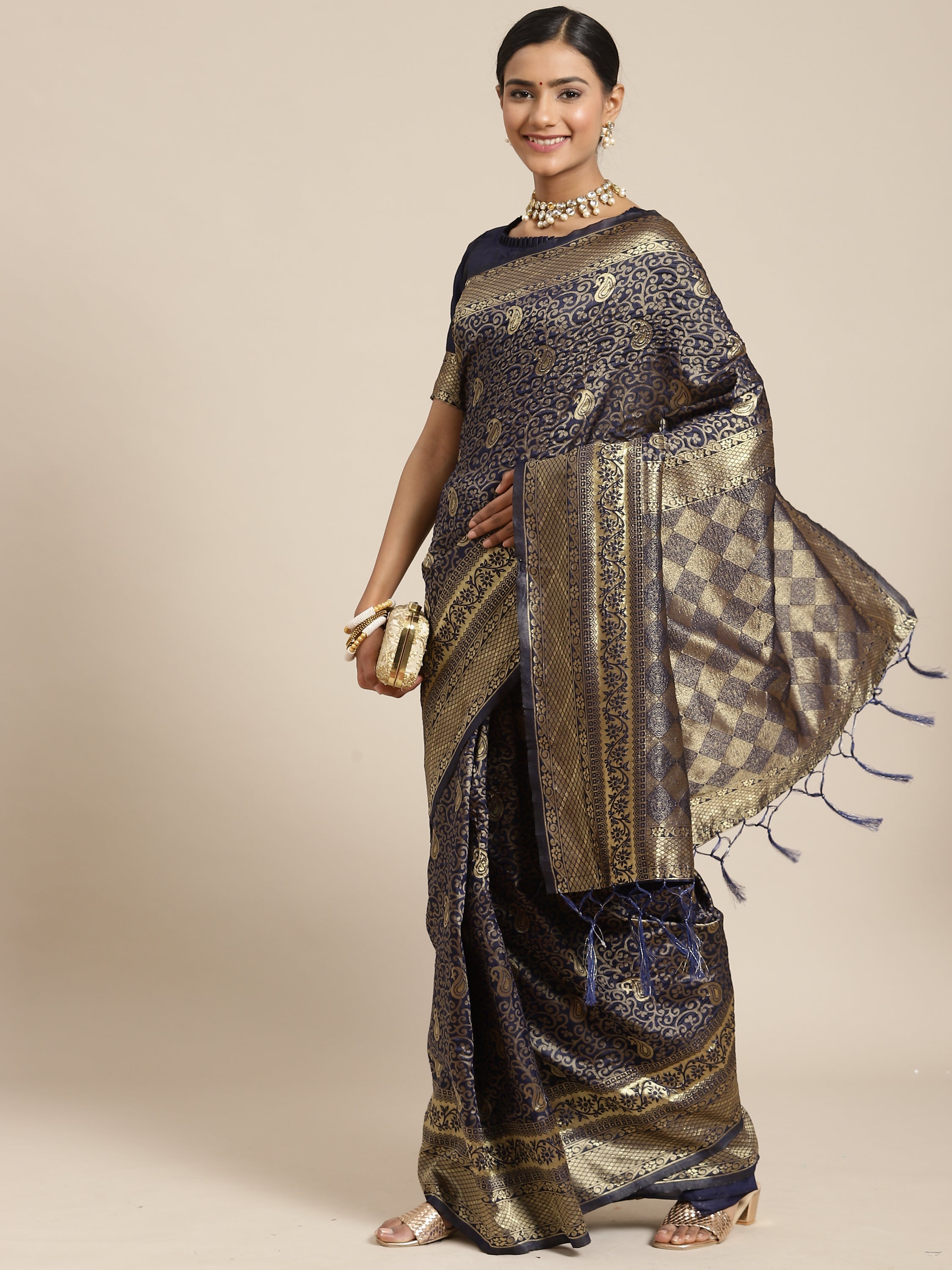 Women's Silk Blend Navy Blue Woven Design Woven saree With Blouse Piece