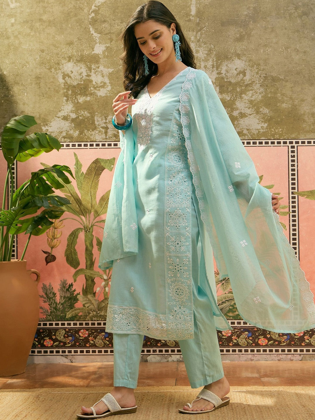 Women Ethnic Motifs Embroidered Regular Mirror Work Pure Cotton Kurta with Trousers & With Dupatta
