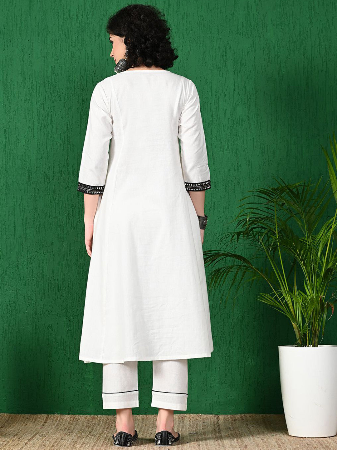 Square Neck Mirror Work Pure Cotton A-Line Kurta With Trouser