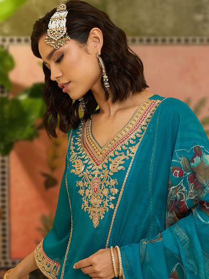 Dhiyona SN Embroidered V-Neck Kurta & Palazzos With Dupatta