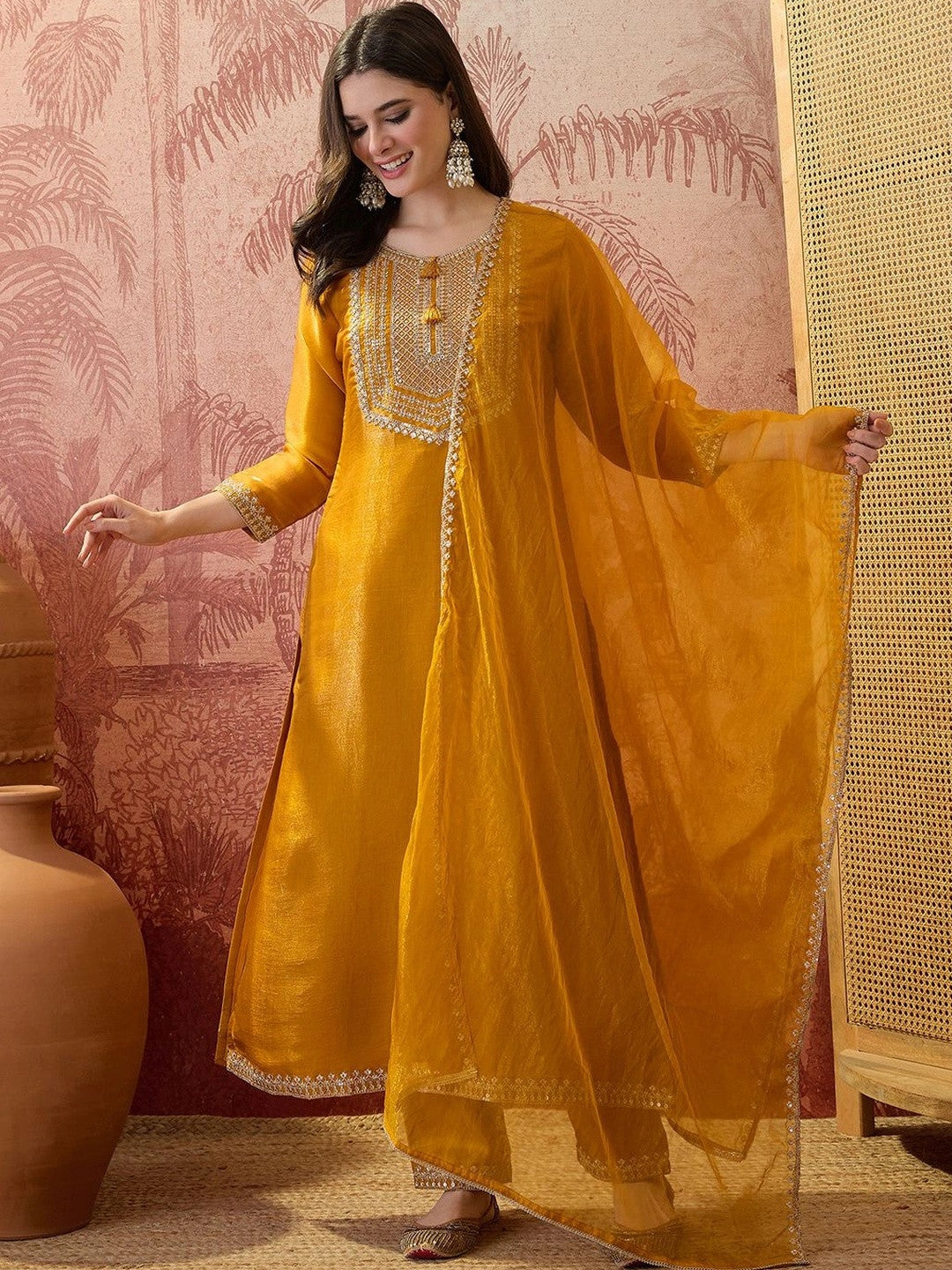 Women Embroidered Regular Kurta with Palazzos & With Dupatta