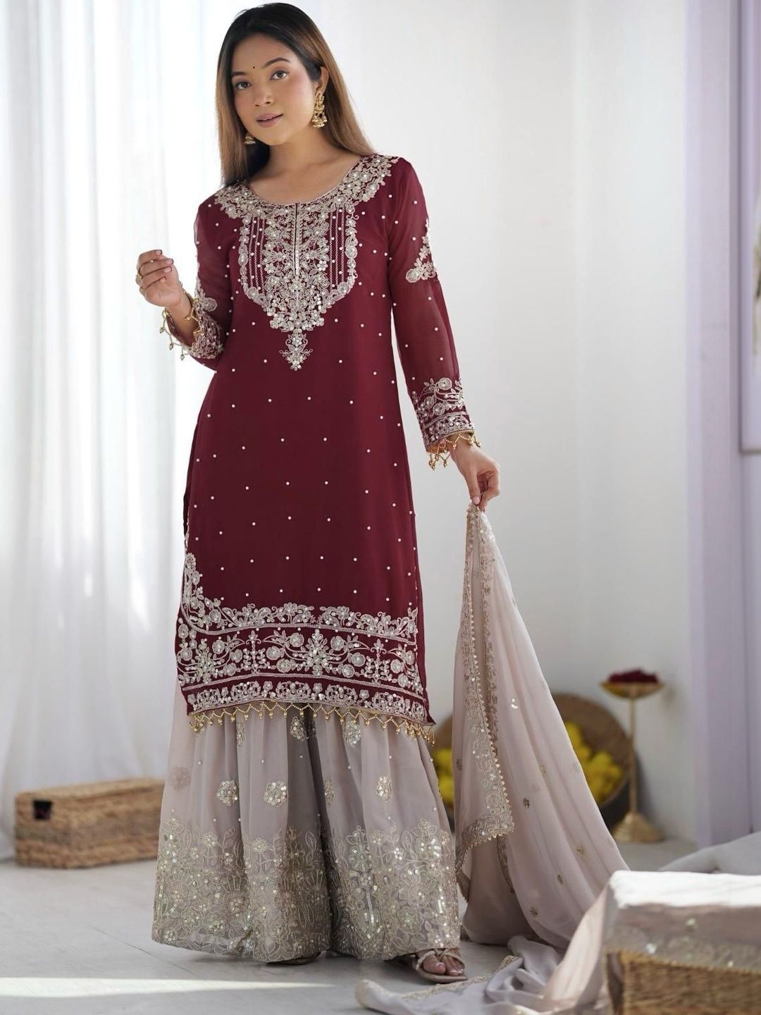 Dhiyona KL Women Ethnic Motifs Embroidered Regular Sequinned Kurta with Sharara & With Dupatta