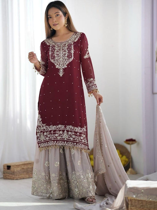 Dhiyona KL Women Ethnic Motifs Embroidered Regular Sequinned Kurta with Sharara & With Dupatta