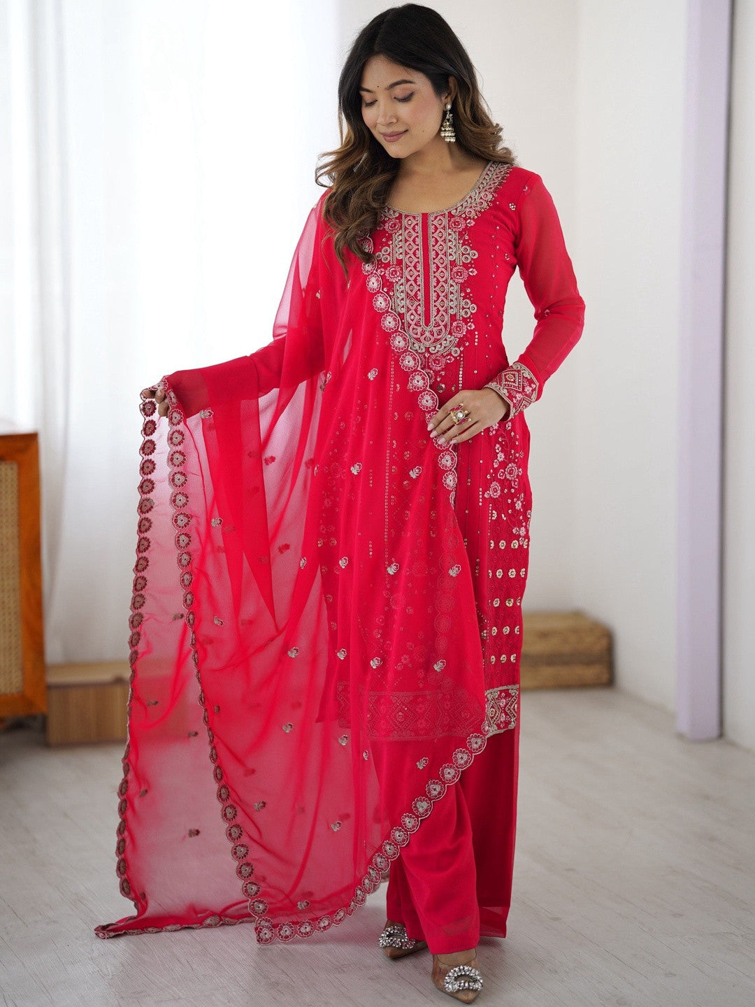 Floral Embroidered Round Neck Sequinned Kurta With Palazzos & Dupatta