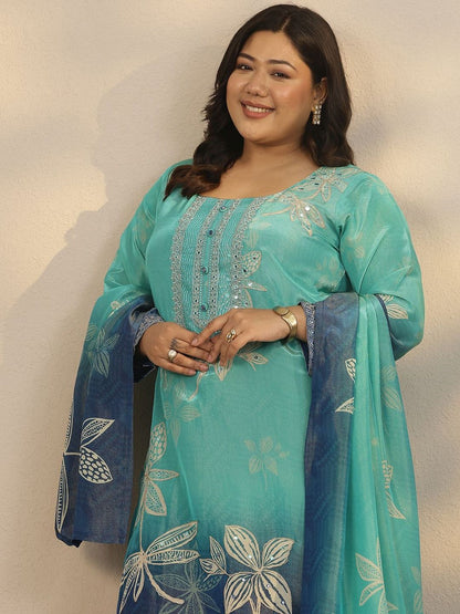 Dhiyona Women's Plus Size Floral Printed Straight Kurta With Palazzos & Dupatta