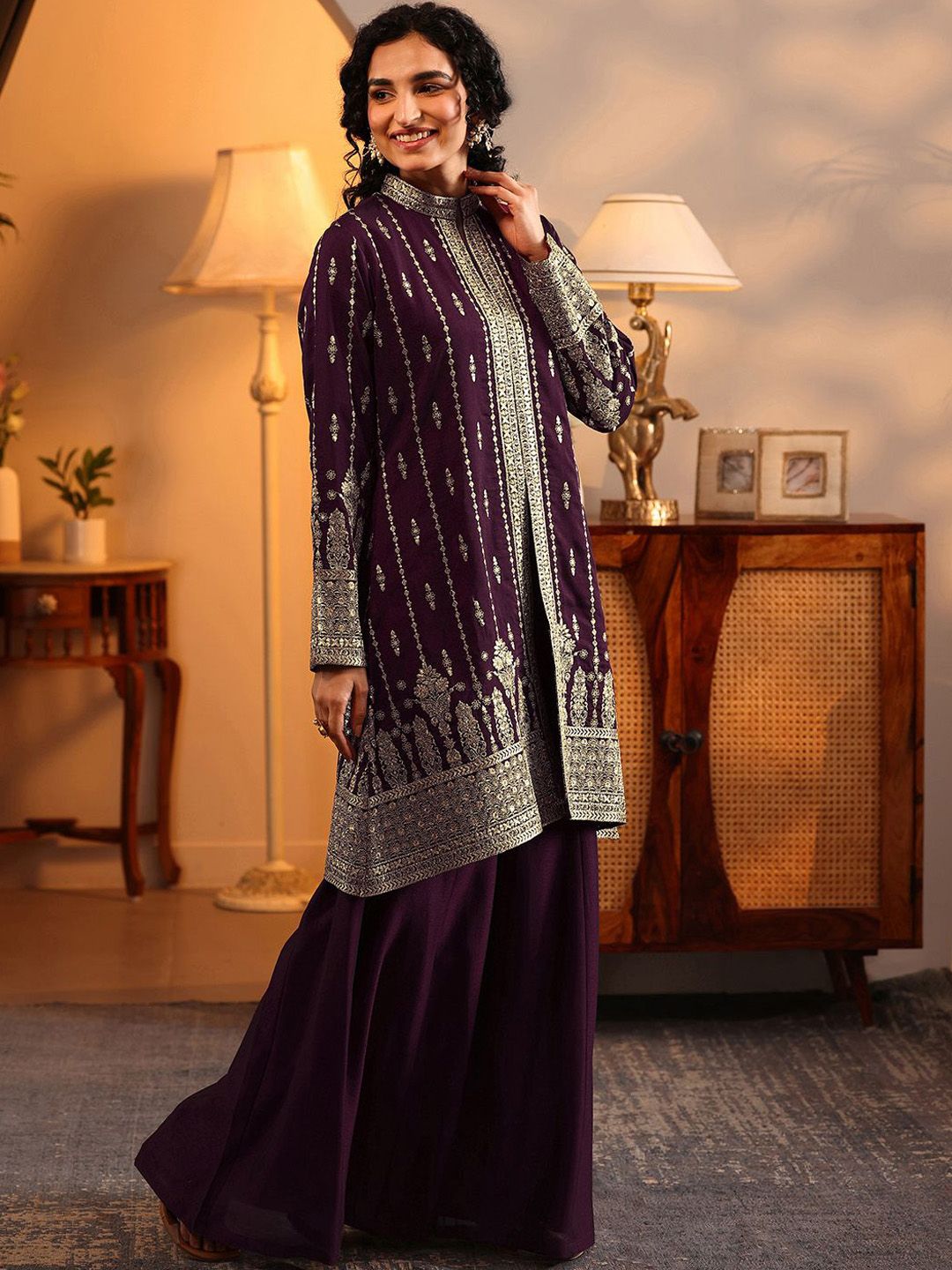 Dhiyona LL Women Ethnic Motifs Embroidered Zari Regular Kurta with Palazzos & With Dupatta