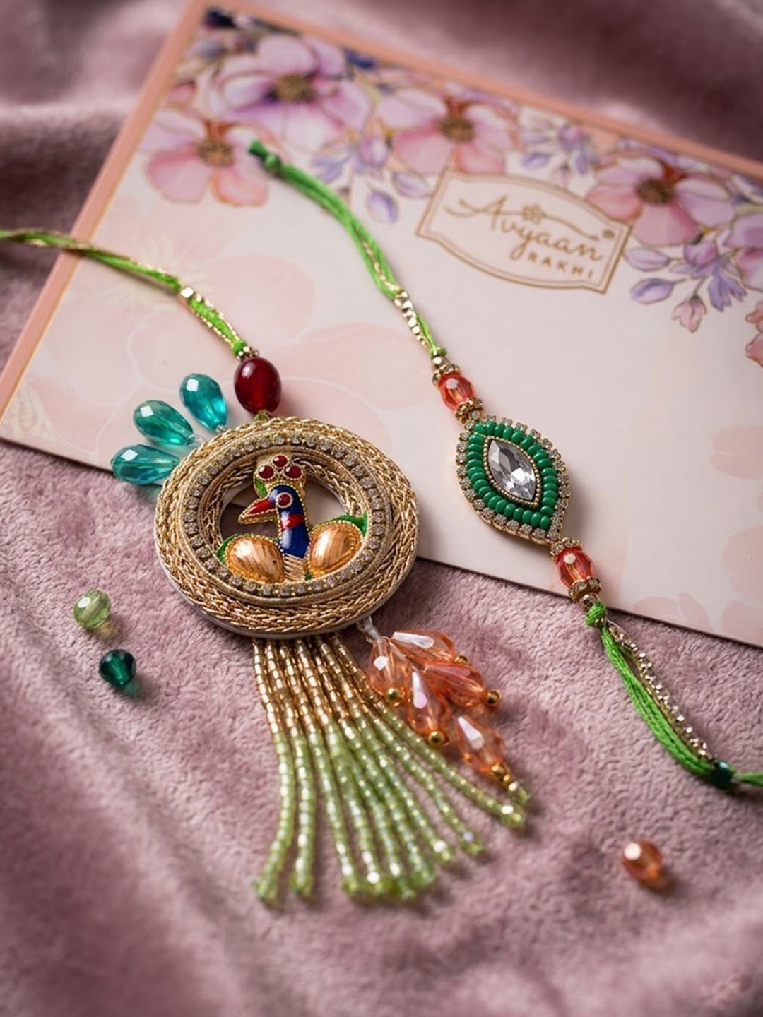 Dhiyona Set Of 2 Artificial Stones Designer Bhaiya Bhabhi Rakhi With Roli Chawal Chandan