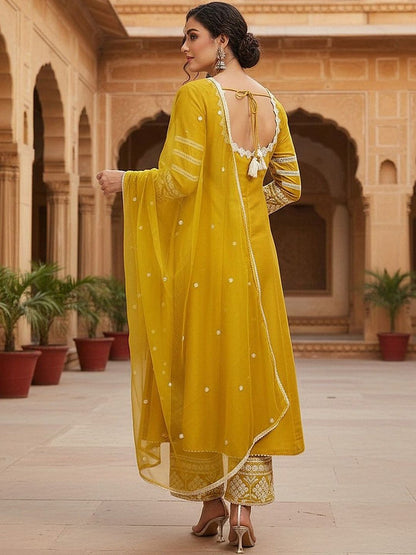 Dhiyona KL Panelled Round Neck Thread Work Anarkali Kurta With Palazzos & Dupatta