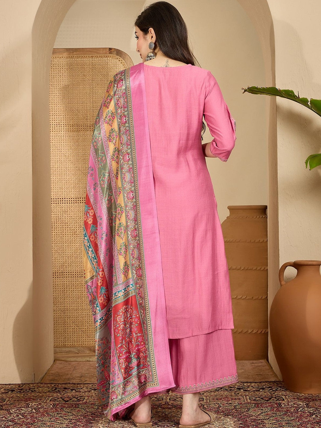 Ethnic Motifs Embroidered Round Neck Thread Work Kurta With Palazzos & Dupatta