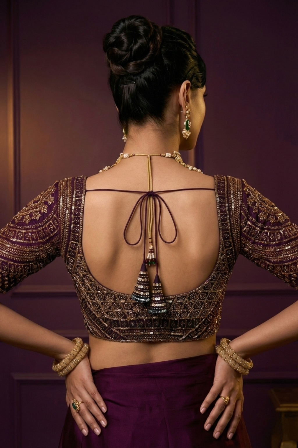Dhiyona ST Purple Hand Embroidered Cut Dana Sabya Blouse – Free-Size Adjustable 32–40 inches | Couture Designer Blouse