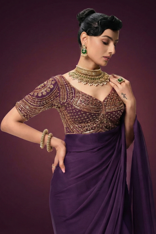 Dhiyona ST Purple Hand Embroidered Cut Dana Sabya Blouse – Free-Size Adjustable 32–40 inches | Couture Designer Blouse