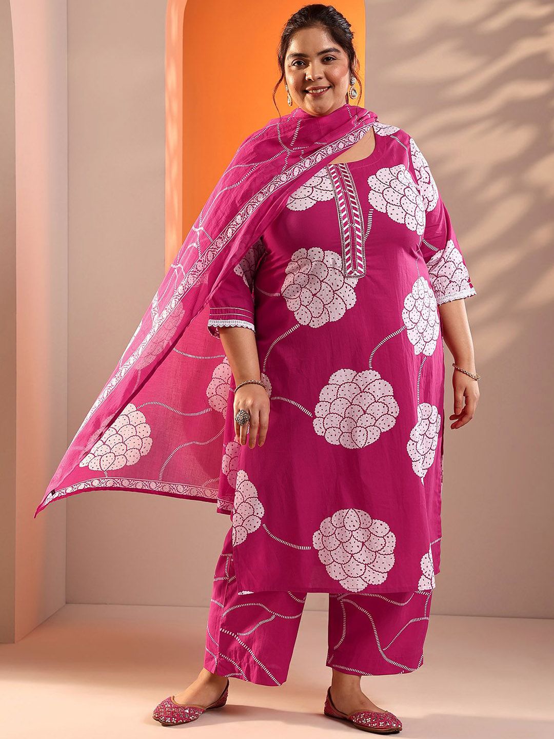 Dhiyona Women's Plus Size Floral Printed Regular Kurta with Trousers & Dupatta