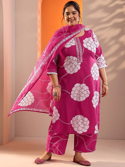 Dhiyona Women's Plus Size Floral Printed Regular Kurta with Trousers & Dupatta