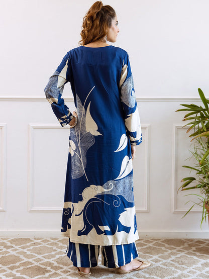 Floral Printed V-Neck Beads and Stones Straight Kurta With Palazzos