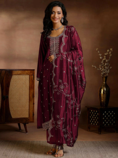 Women's LB Maroon Embroidered Silk Blend Straight Suits With Dupatta