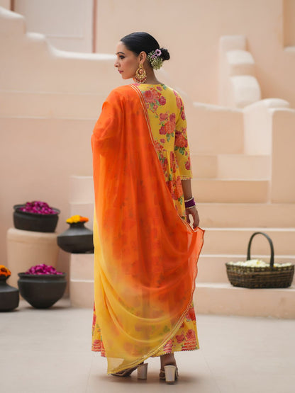 Dhiyona RR Women's Floral Printed Sequinned Pure Cotton Anarkali Kurta with Trousers & Dupatta