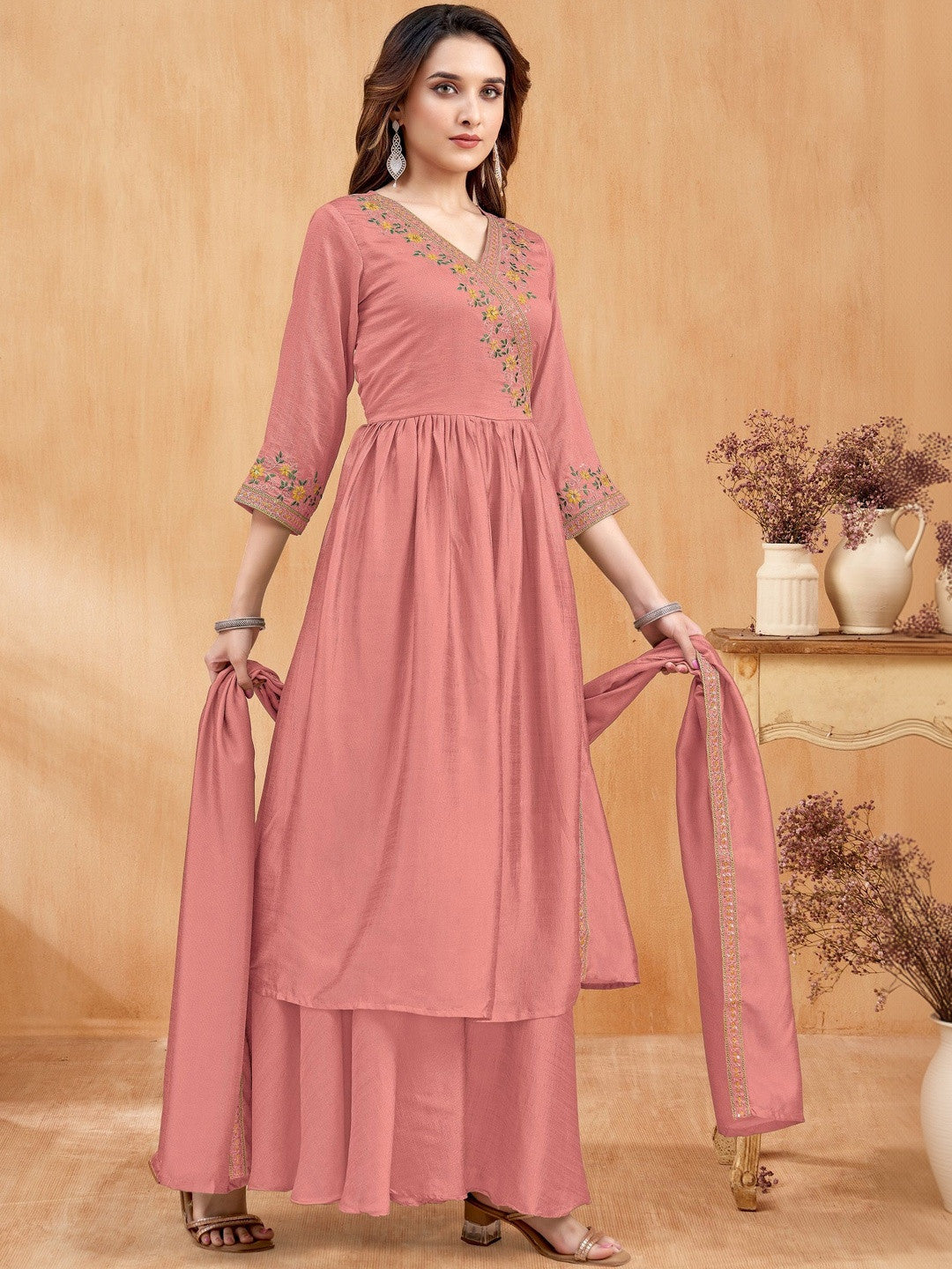 Embroidered V-Neck Kurta Trousers & Dupatta