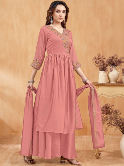 Embroidered V-Neck Kurta Trousers & Dupatta