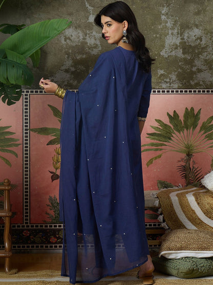 Embroidered V-Neck Kurta Trousers & Dupatta