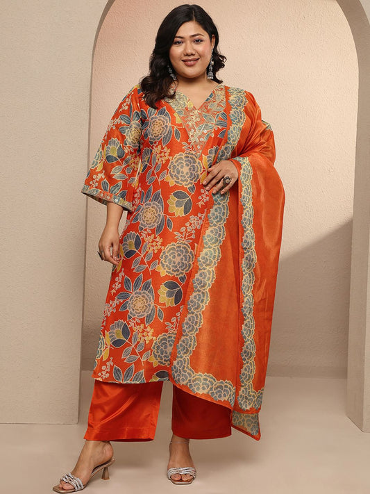Dhiyona Women's Plus Size Floral Printed Regular Kurta with Trousers & With Dupatta