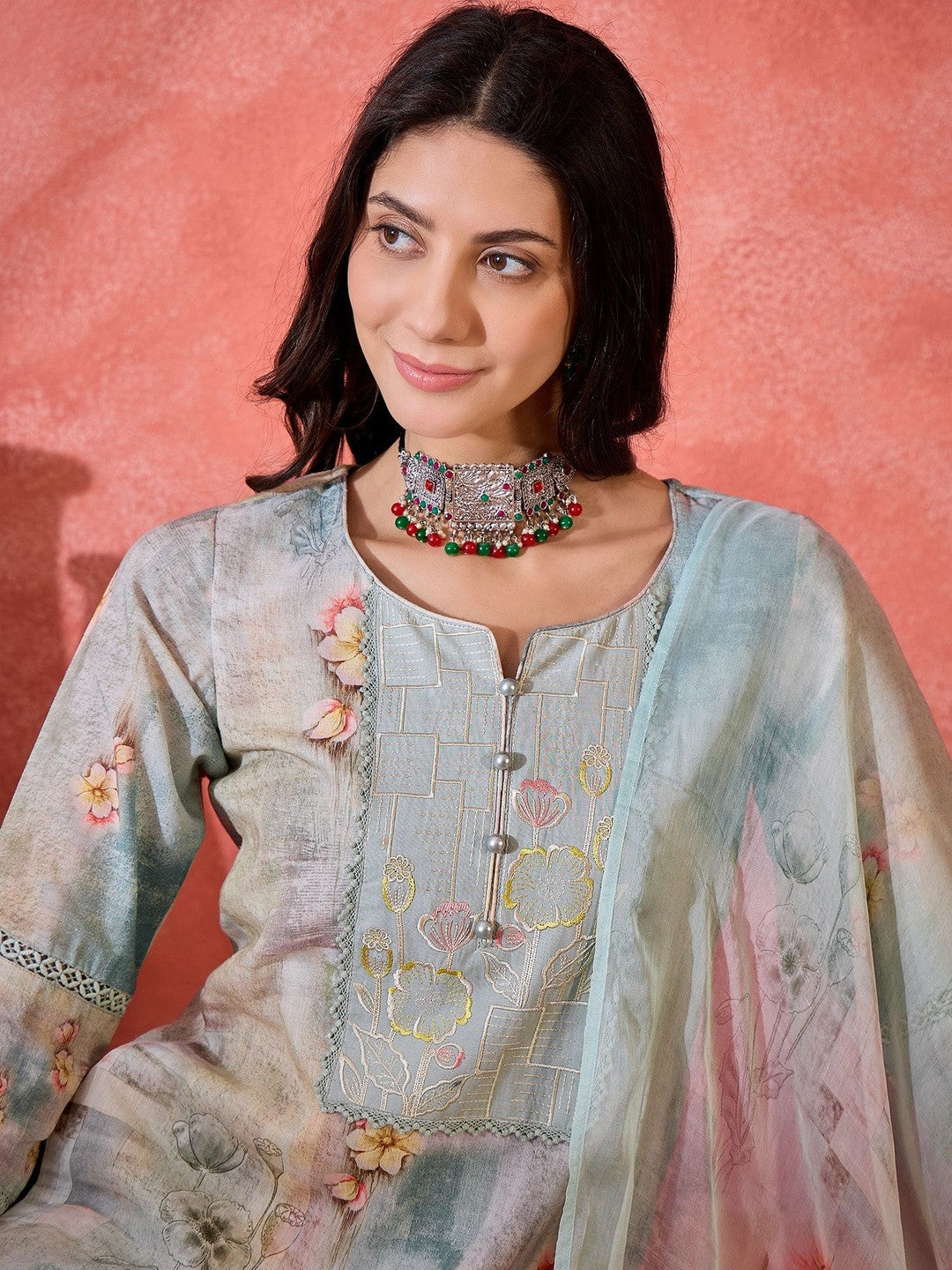 Embroidered Pure Cotton Round Neck Kurta Trousers & Dupatta