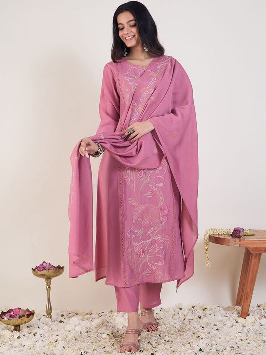 Floral Embroidered Thread Work A-Line Kurta & Trousers With Dupatta