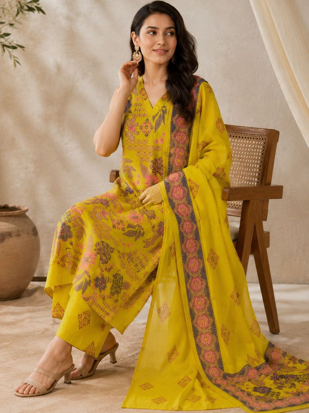 Women Floral Printed Regular Pure Cotton Kurta with Palazzos & With Dupatta