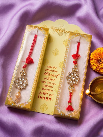 Dhiyona Set Of 2 Red Kundan Studded Floral Design Bhaiya Bhabhi Rakhi With Roli Chawal