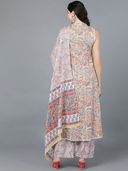 Dhiyona KL Floral Printed Pure Cotton Anarkali Kurta with Trousers & Dupatta