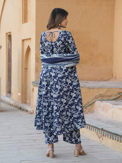 Dhiyona KL Floral Printed Pure Cotton Anarkali Kurta with Trousers & Dupatta