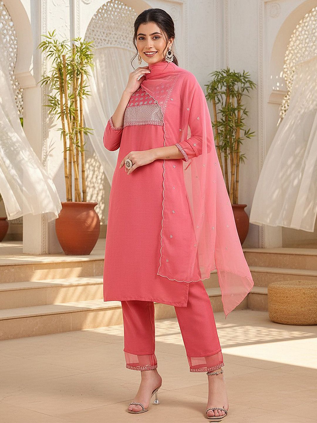 Dhiyona KL Ethnic Motifs Embroidered Sequinned Straight Kurta With Trouser & Dupatta