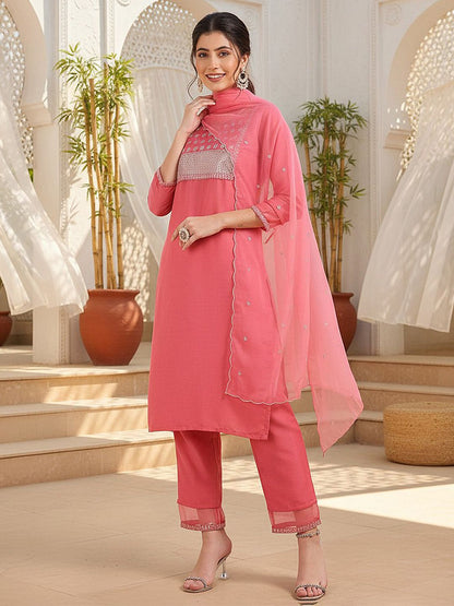Dhiyona KL Ethnic Motifs Embroidered Sequinned Straight Kurta With Trouser & Dupatta
