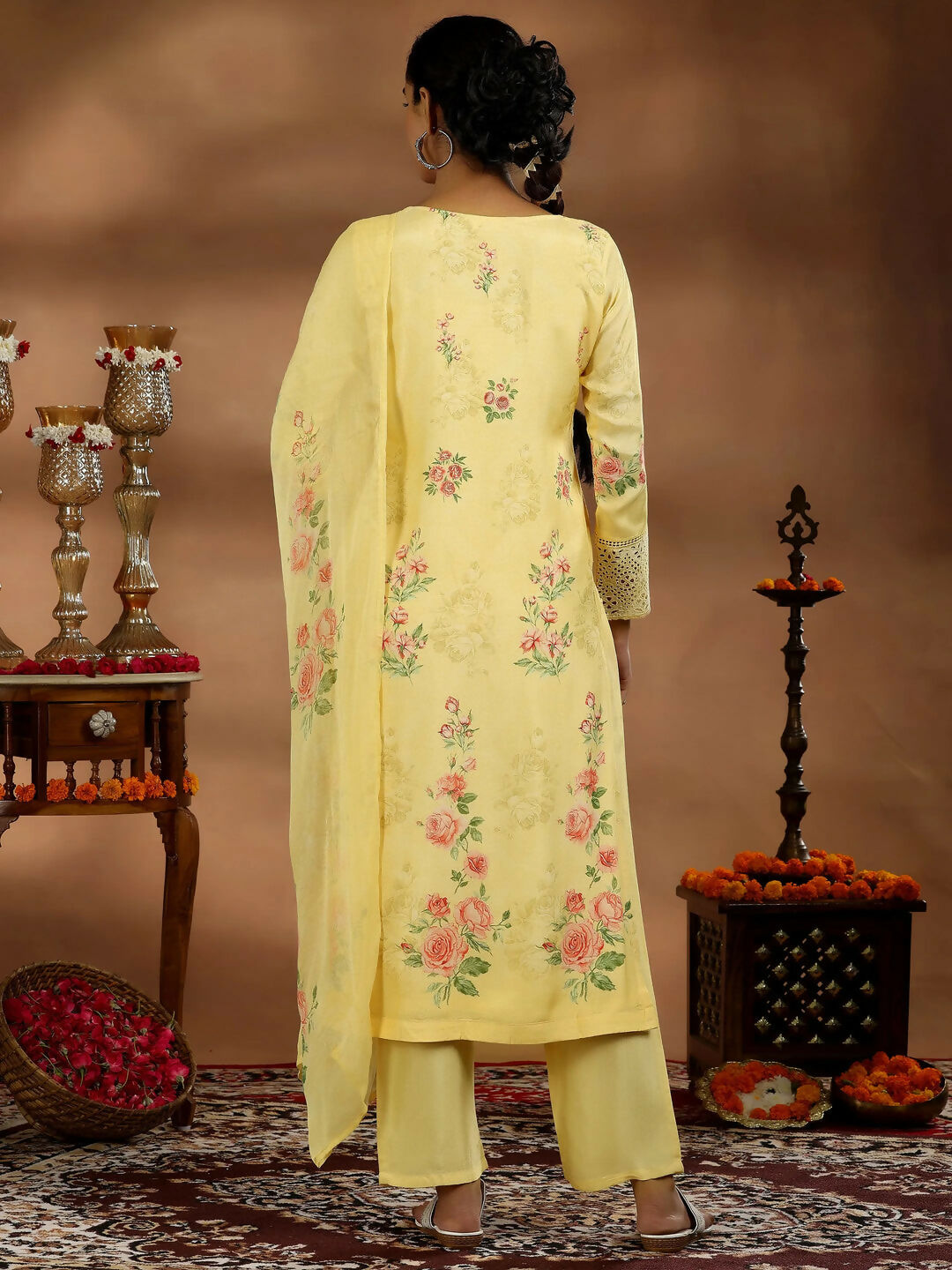 Women's LB Yellow Printed Silk Blend Straight Suit With Dupatta