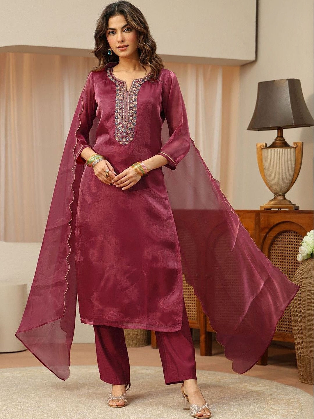 Libas Maroon Yoke Design Tissue Straight Suit Set