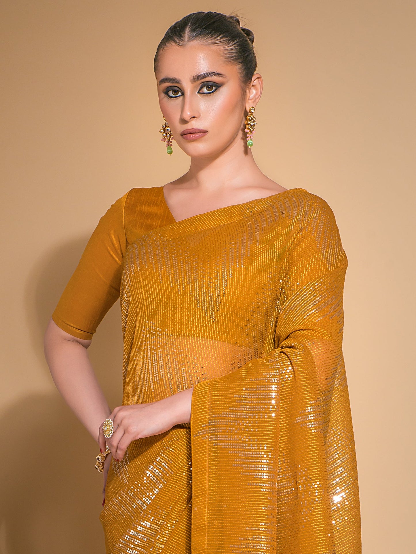 Women's Georgette Mustard Embellished Designer Saree With Blouse Piece