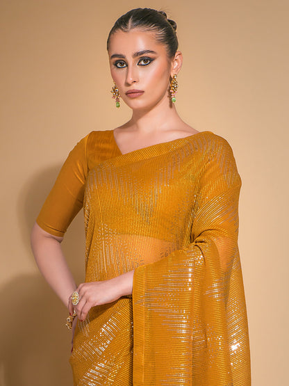 Women's Georgette Mustard Embellished Designer Saree With Blouse Piece