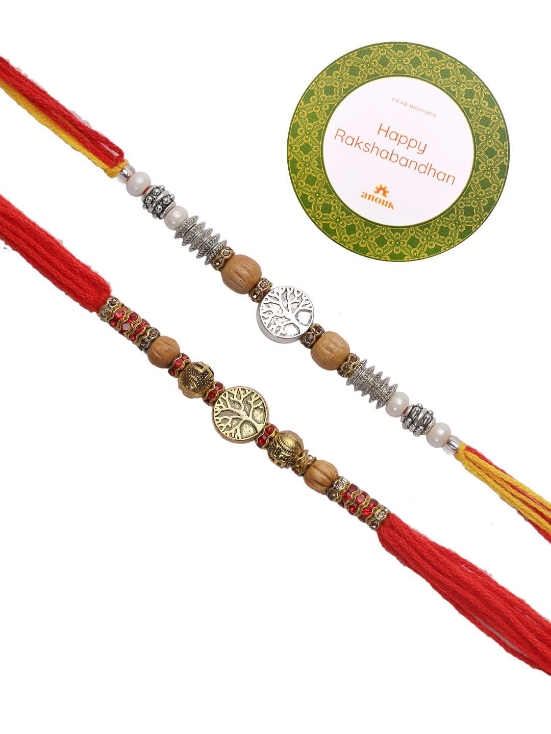 Dhiyona Red Set Of 2 Stone Studded & Beaded Rakhis With Roli Chawal & Greeting Card