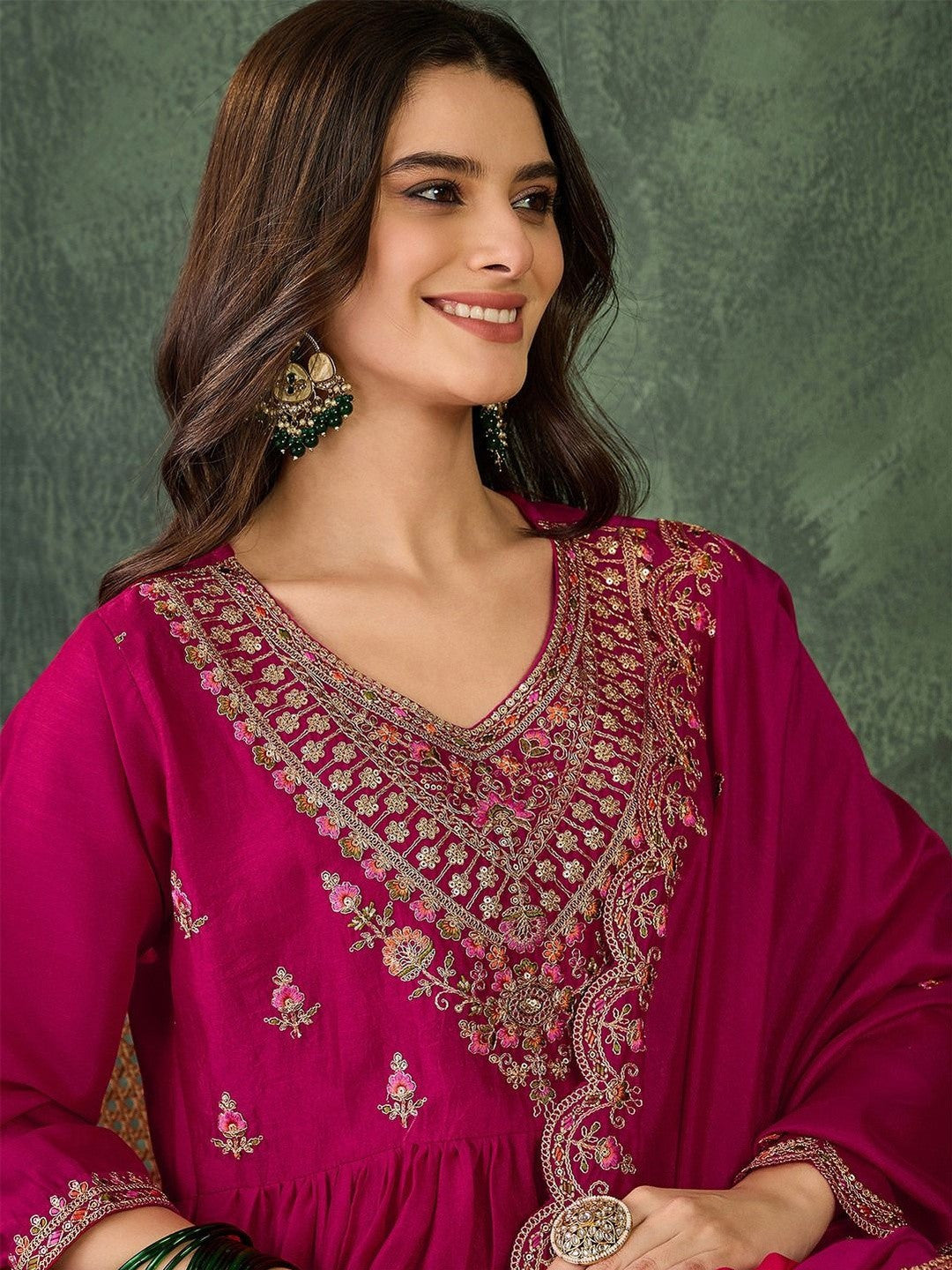 Embroidered V-Neck Kurta Trousers & Dupatta