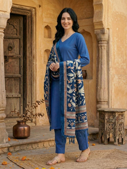 Blue Women Regular Kurta with Trousers & With Dupatta