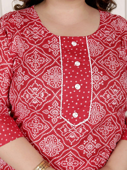 Dhiyona KL Bandhani Print Beads & Stones Pure Cotton Plus Size Kurta with Trousers & Dupatta